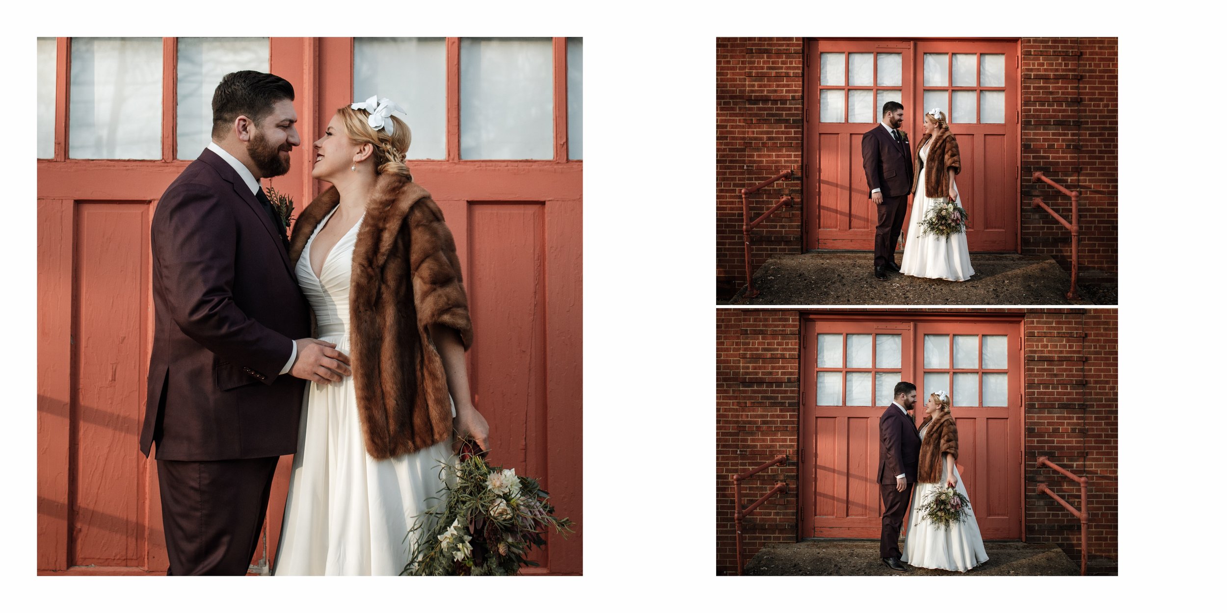 fall bride and groom portraits, bride with fur coat